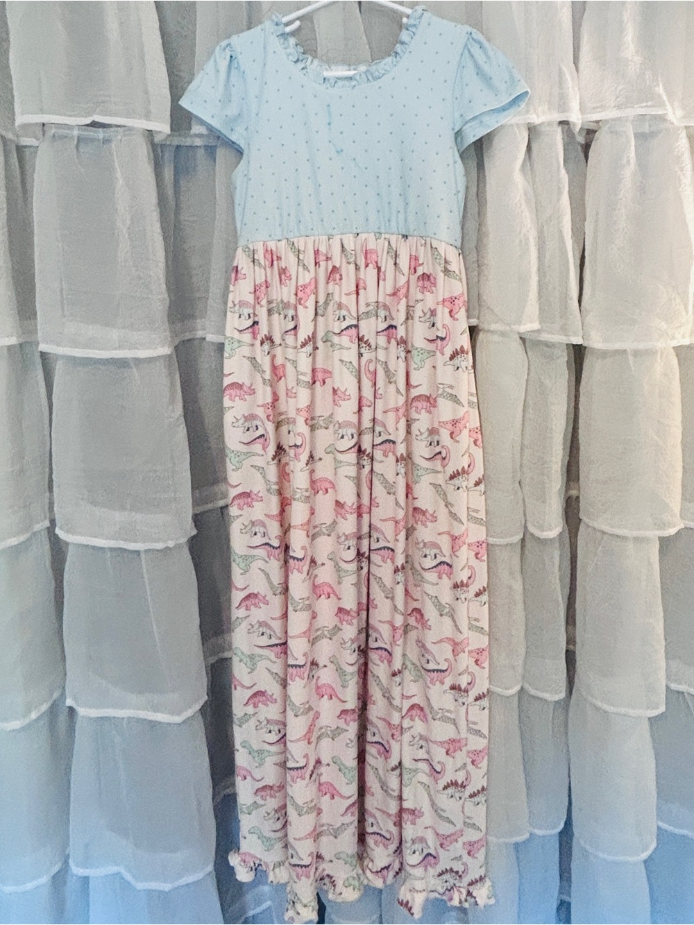 SweetHoney Light Blue & Pink Dinosaur Short-sleeved Long Nightgown - Sz 10
